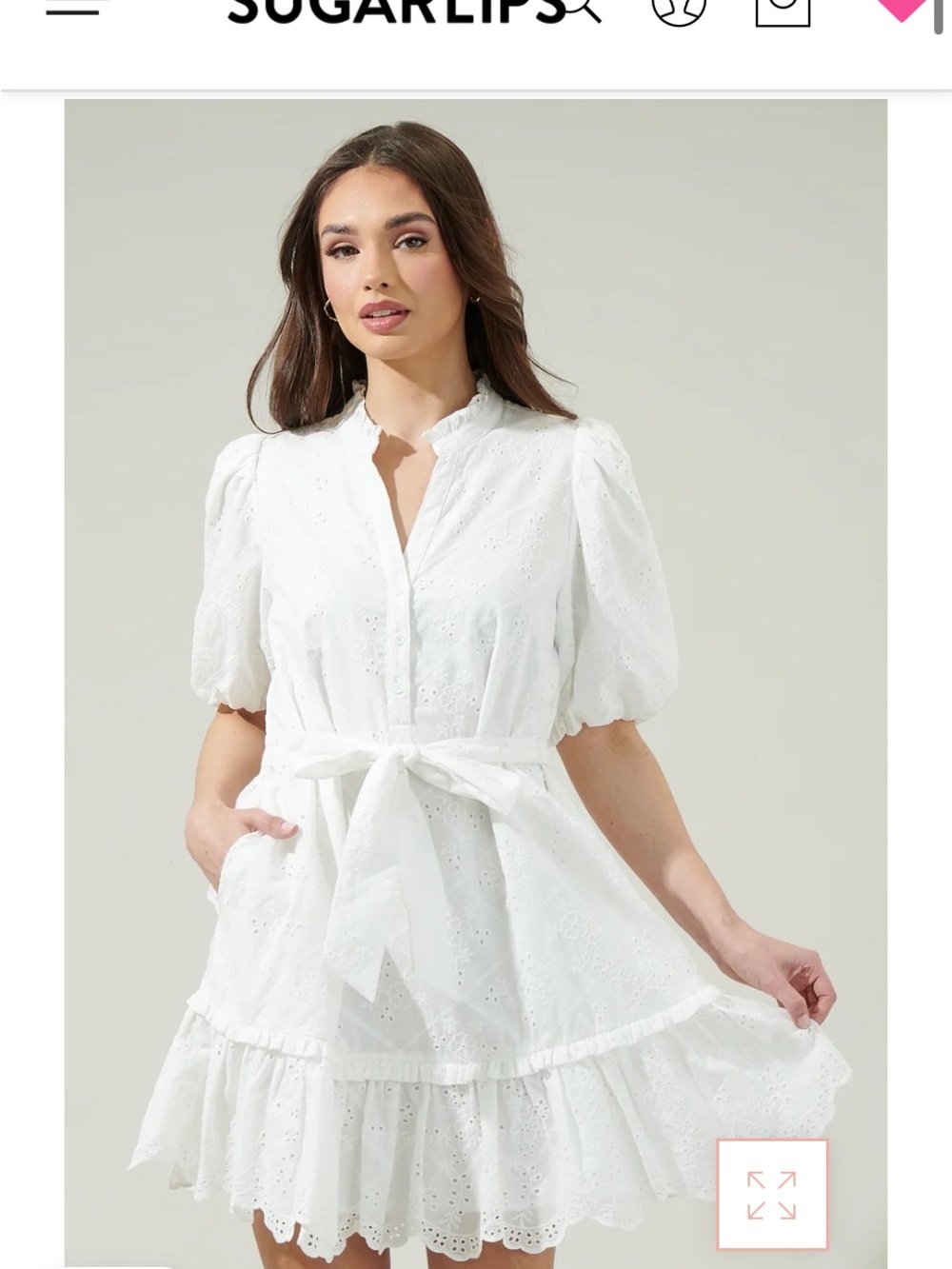Sugarlips White Eyelet Tie-Waist Puff Sleeve Dress